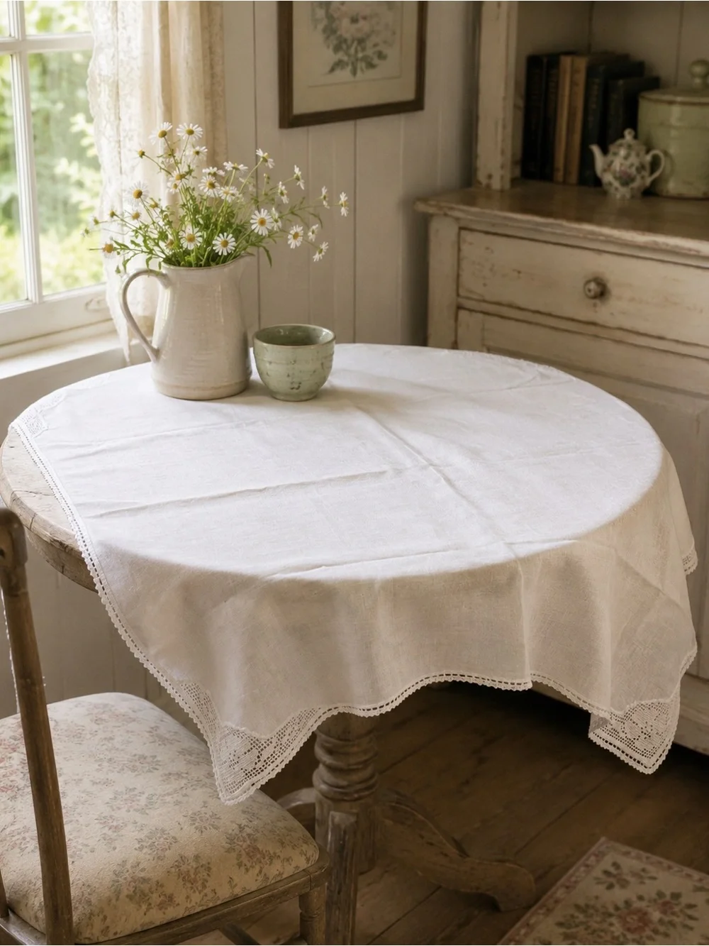 VTG White Linen Square Tablecloth Crochet Corner Trim cottage country coquette